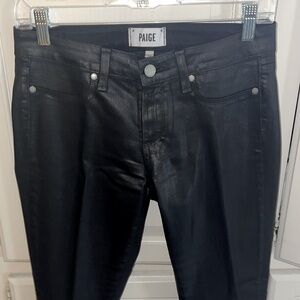 Paige black coated leather look low-rise five pocket skinny jeans. Like new.